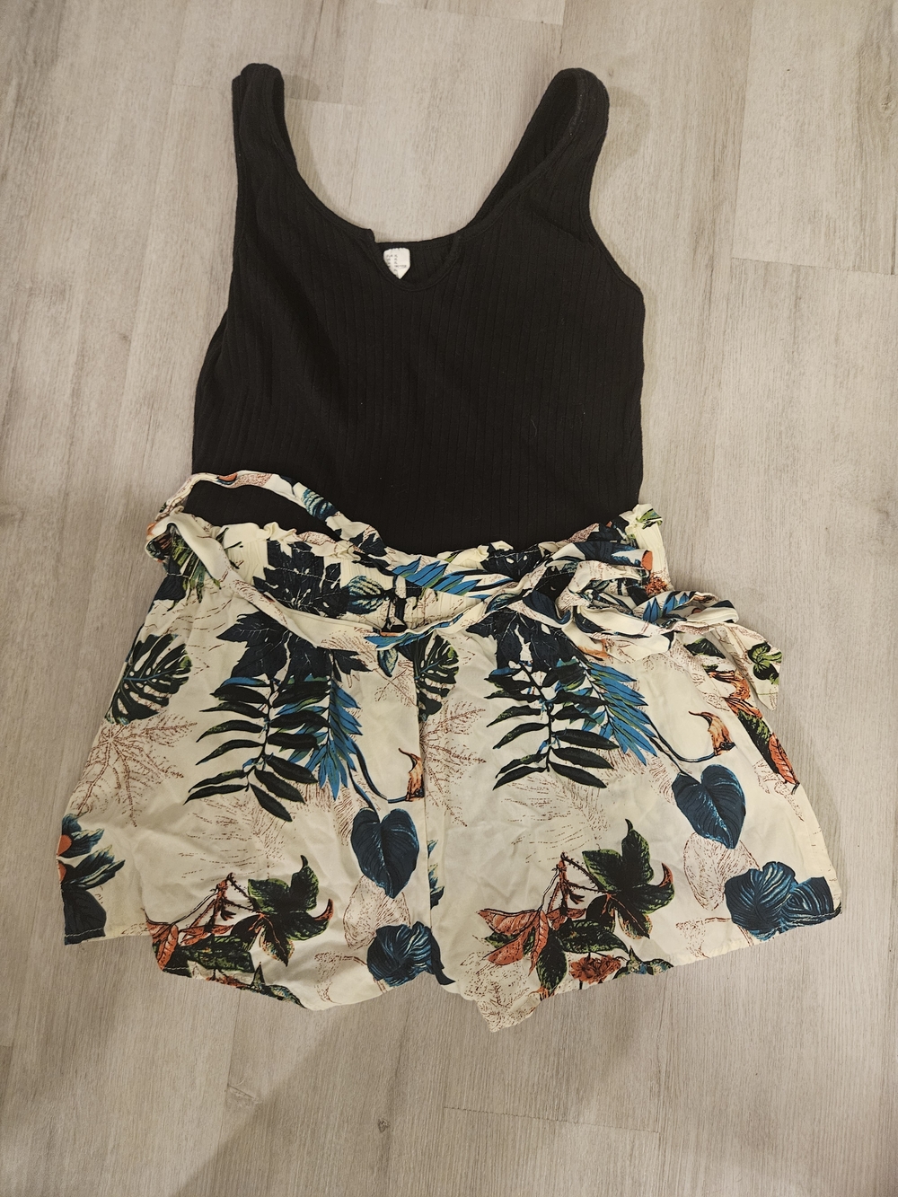 Black Ribbed Tank with Tropical Leaf Print Shorts Romper